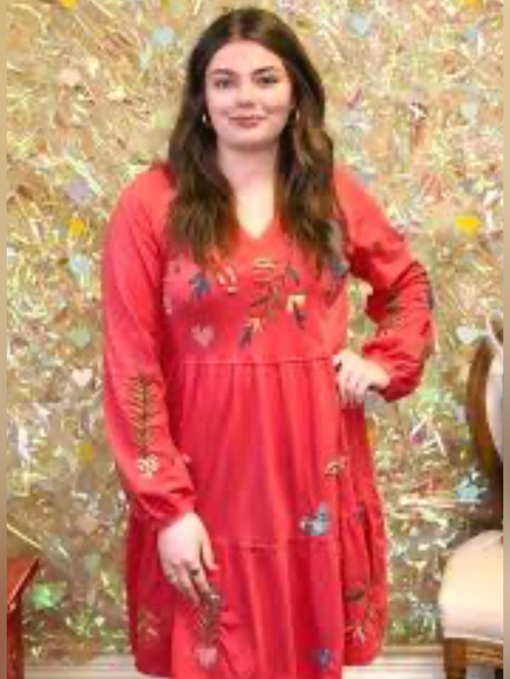 Embroidered Floral Boho Tiered Midi Dress | Bright Red | Size Large